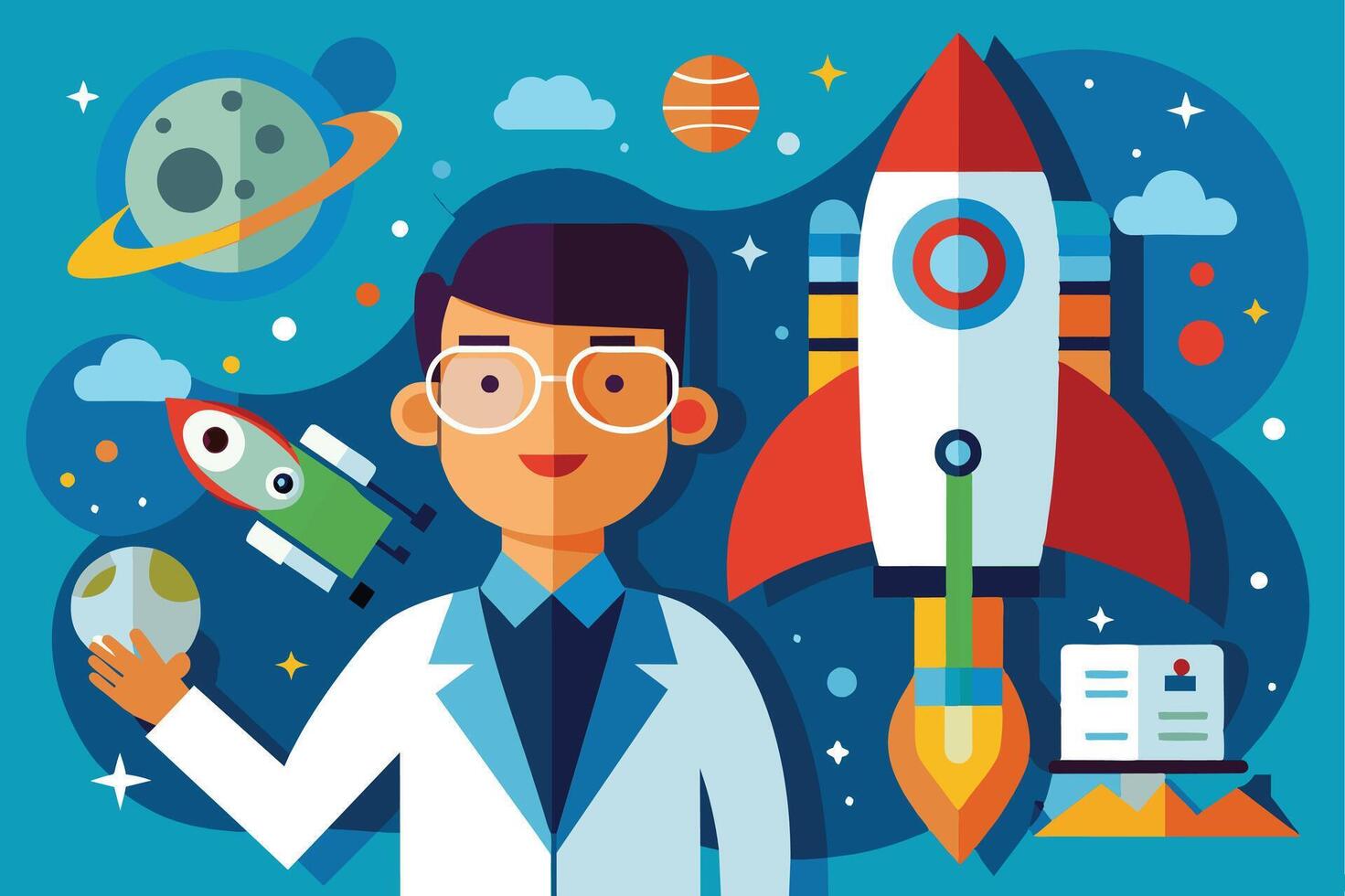 A smiling scientist wearing glasses and a white lab coat holds a planet in his hand, standing in front of a rocket ship taking off against a blue space background. vector