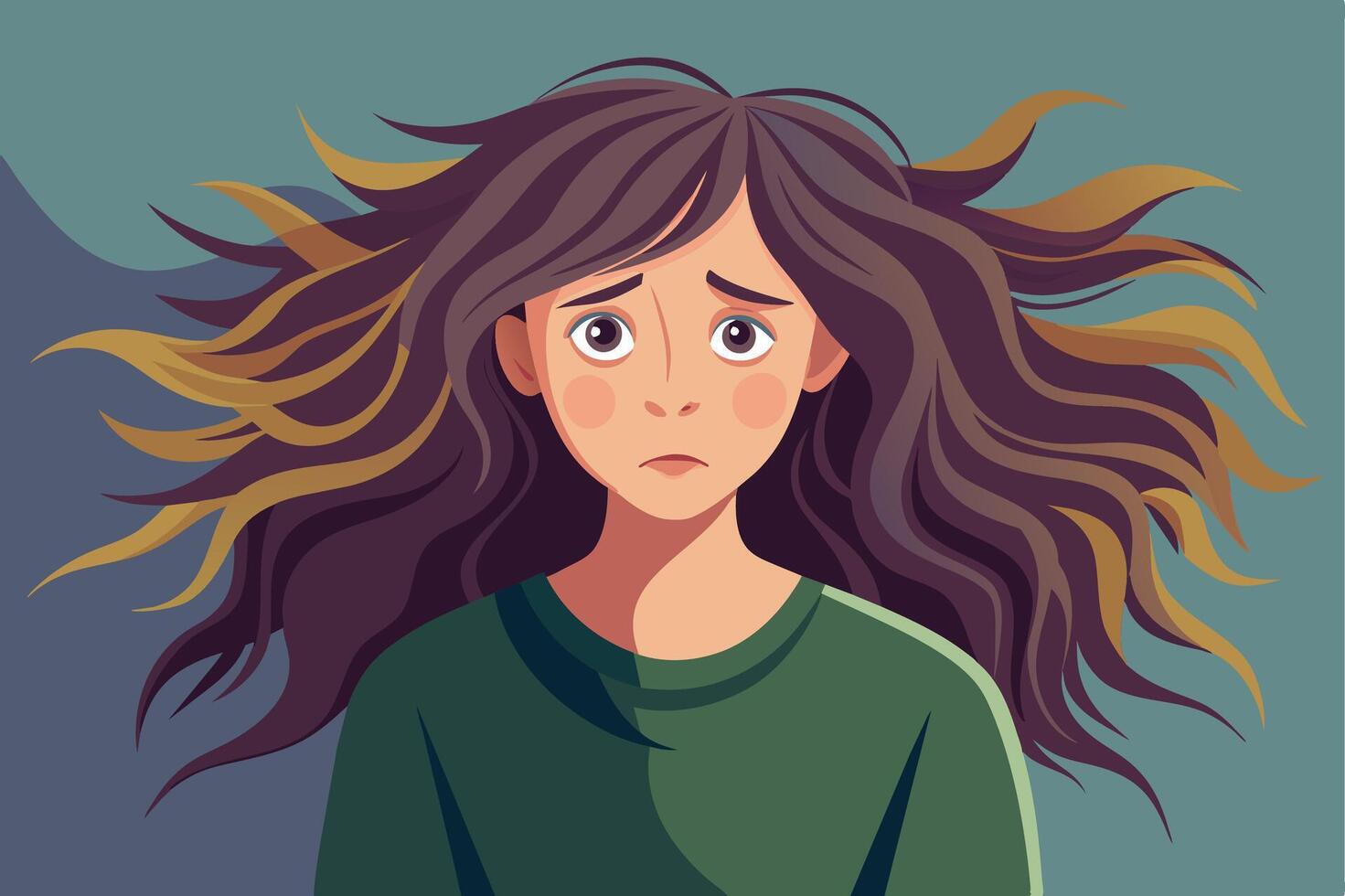 A digital illustration of a young woman with long brown hair and a green shirt. She has a sad expression on her face and her hair is blowing in the wind. vector