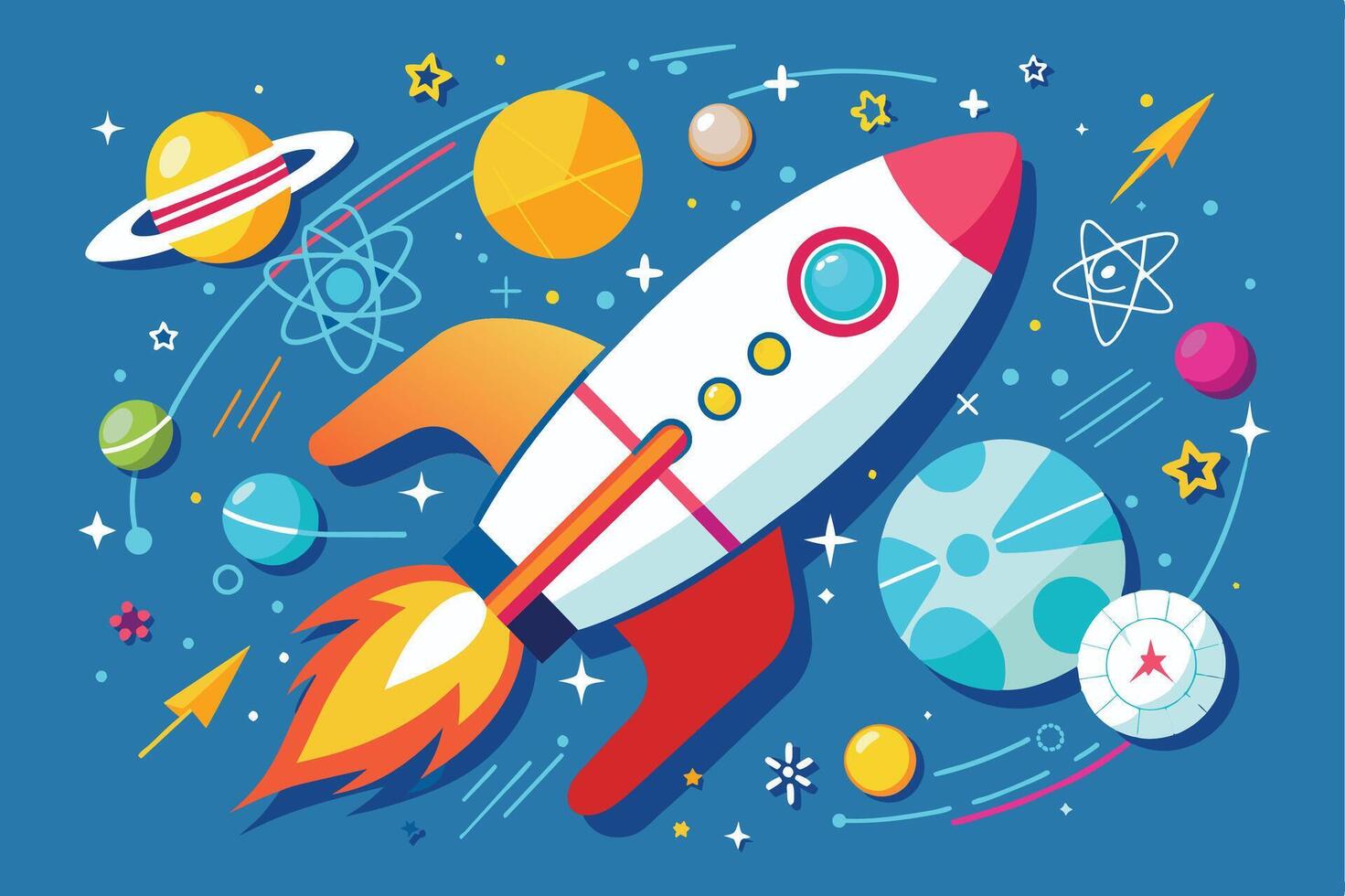 A cartoon illustration featuring a red, white, and yellow rocket ship launching through space, surrounded by planets, stars, and other space-themed imagery. vector