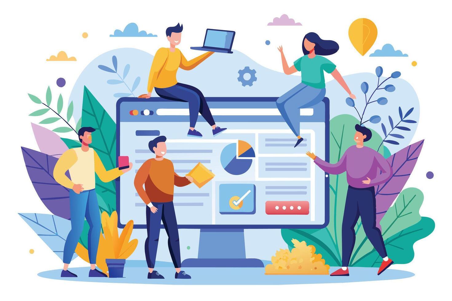 A team of four individuals works together on a website design and development project, utilizing a computer, tablet, and laptop. vector