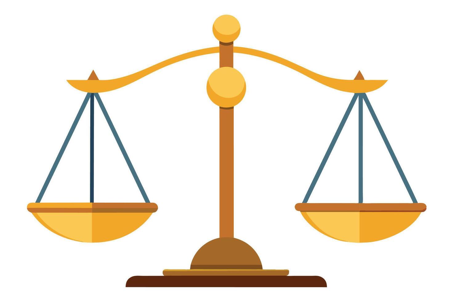 A cartoon image of a golden scale with two equal trays, representing balance, justice, and fairness. vector