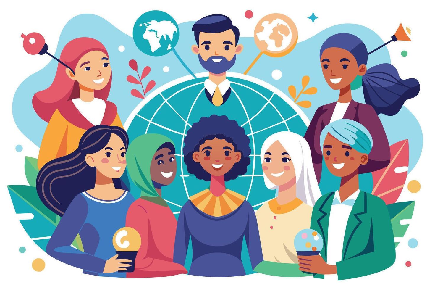 A diverse group of smiling people stand together around a globe, representing unity and global connection. vector