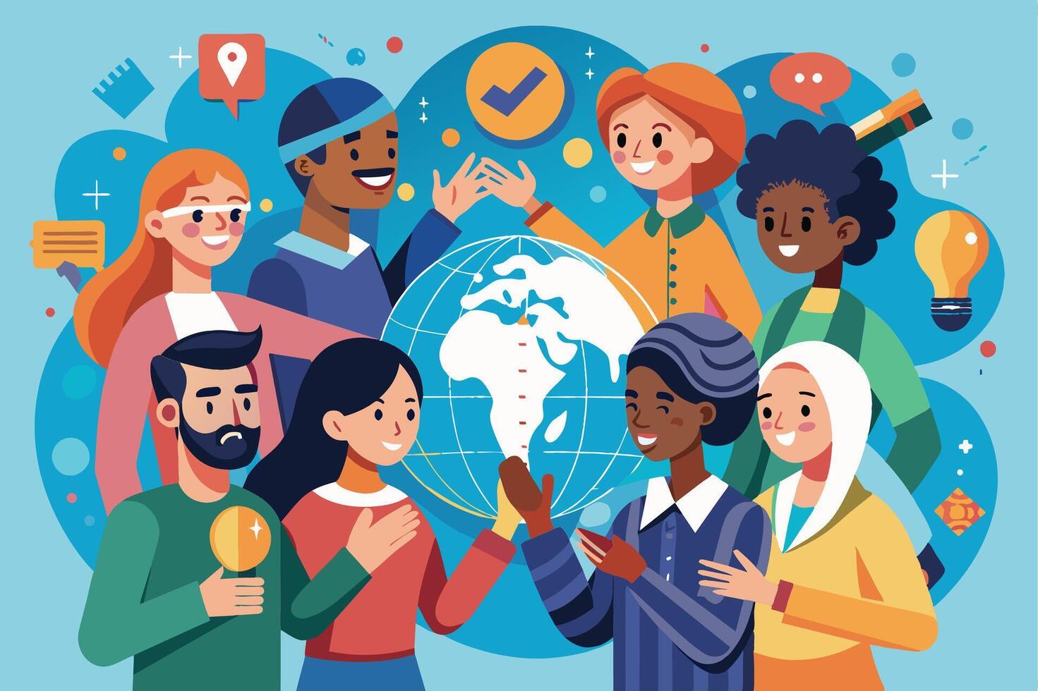 A diverse group of people smiles around a globe, surrounded by symbols of collaboration, progress, and global understanding. vector