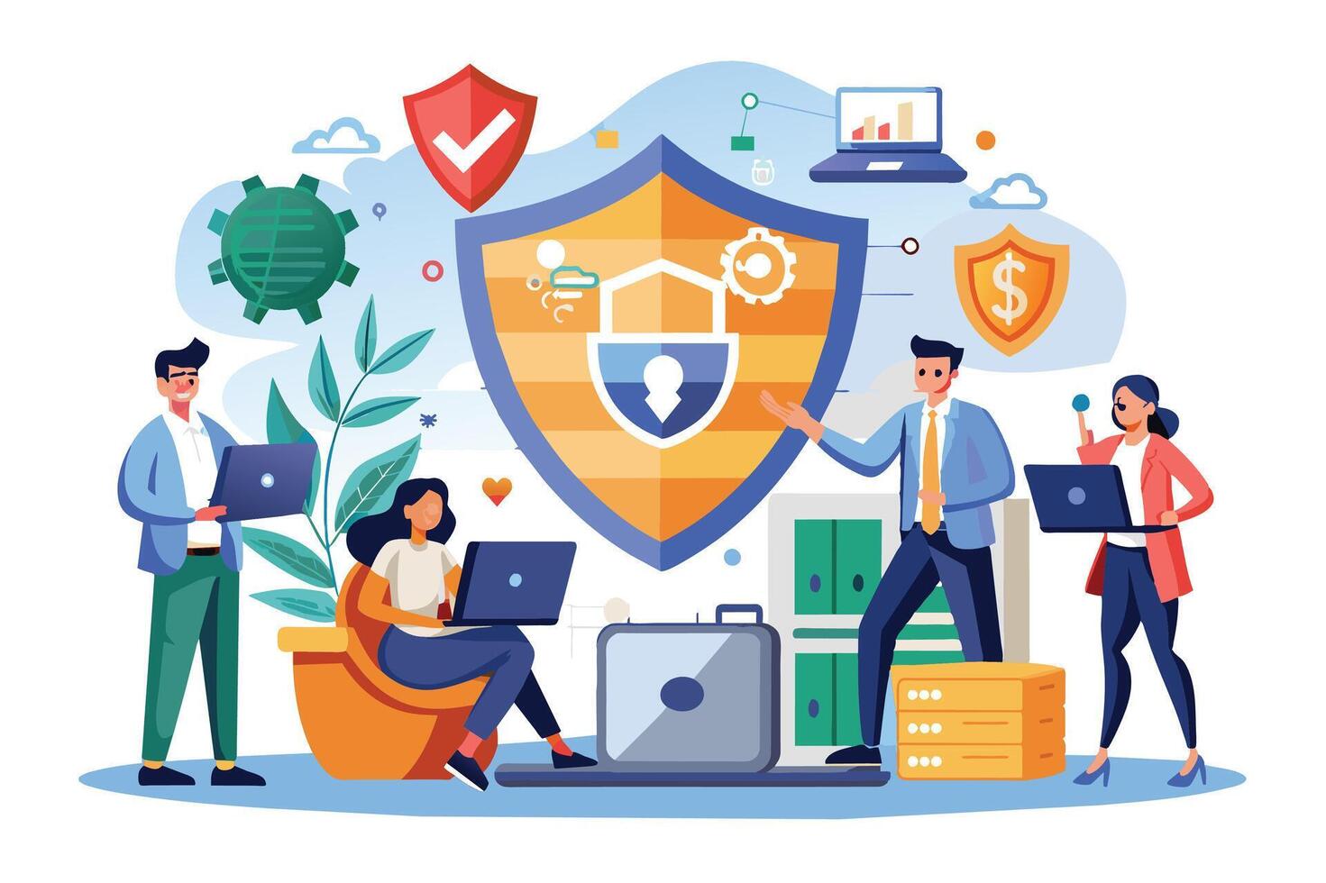 Professional team works together using technology to protect data with cybersecurity shield, ensuring safety of sensitive information. vector