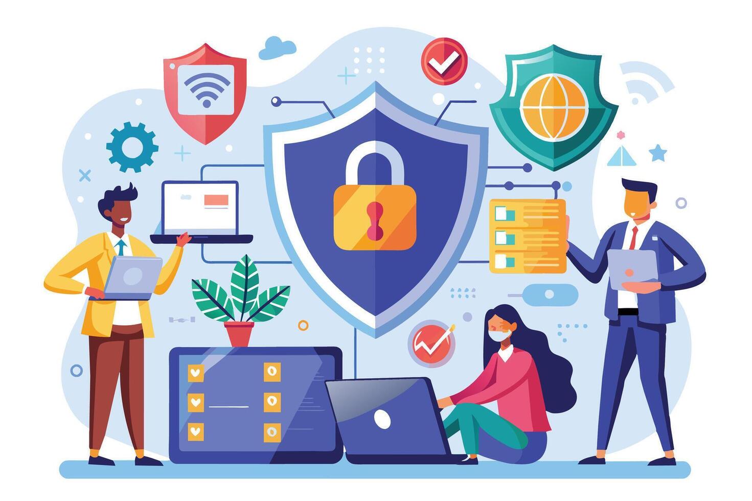 A business team of three people, one wearing a mask, is working on laptops, while a large shield icon with a padlock represents online security. vector