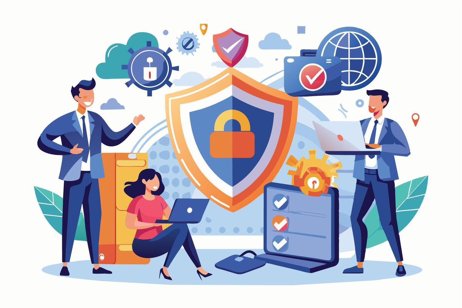 An illustration of three business professionals working together on a cybersecurity strategy, with a large shield icon prominently displayed. vector