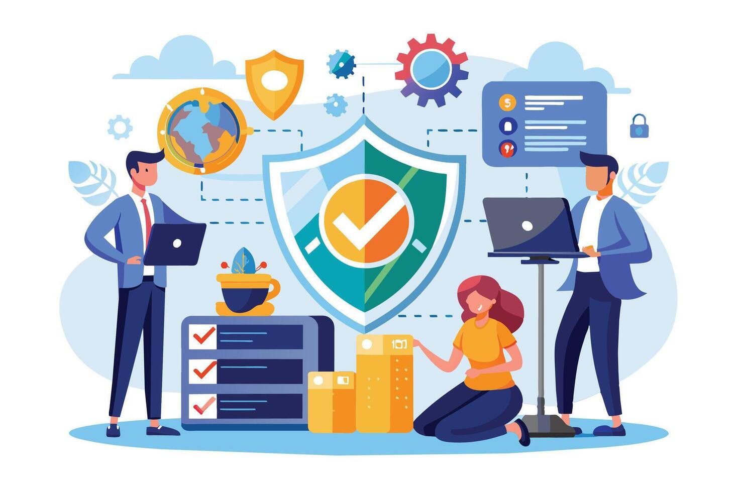 Illustration showing a secure global data protection system with checkmarks and people working on laptops. vector