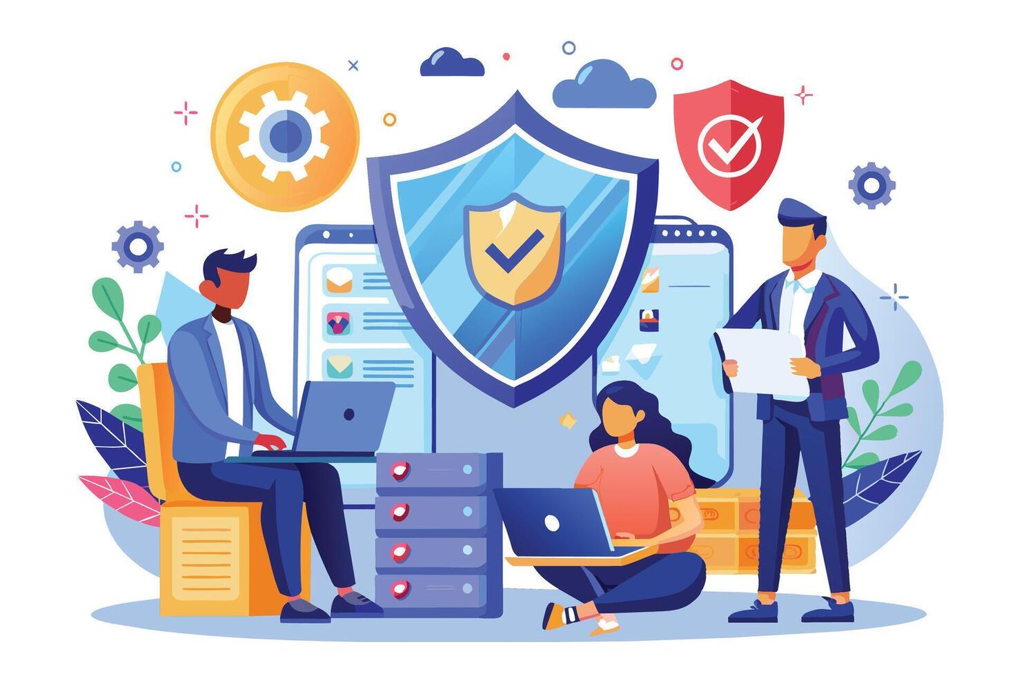 An illustration depicting three people working on laptops, with a large blue shield protecting their online activities. The image represents secure online collaboration and data protection. vector