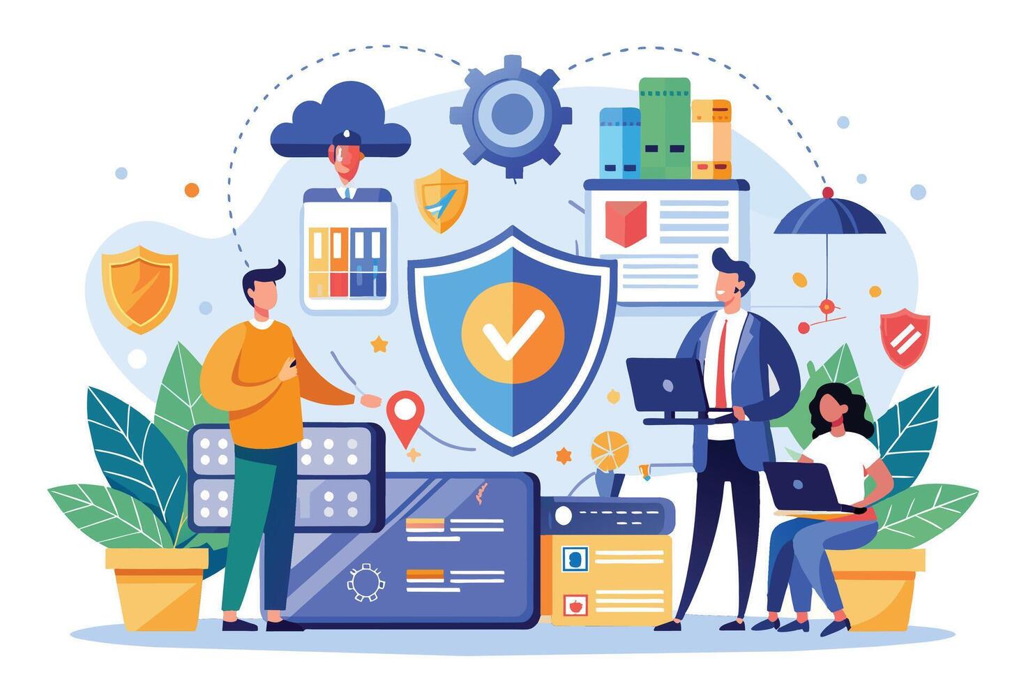 Illustration of three people using computers while connected to a secure network with various data protection measures in place. vector