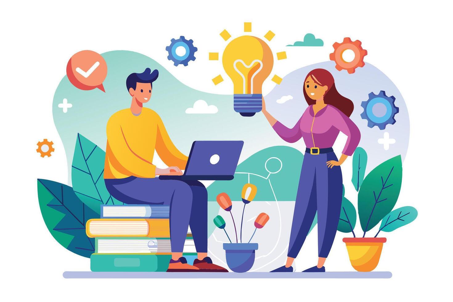 A man and a woman are working together on a laptop project. The woman is holding a lightbulb symbolizing a new idea. vector