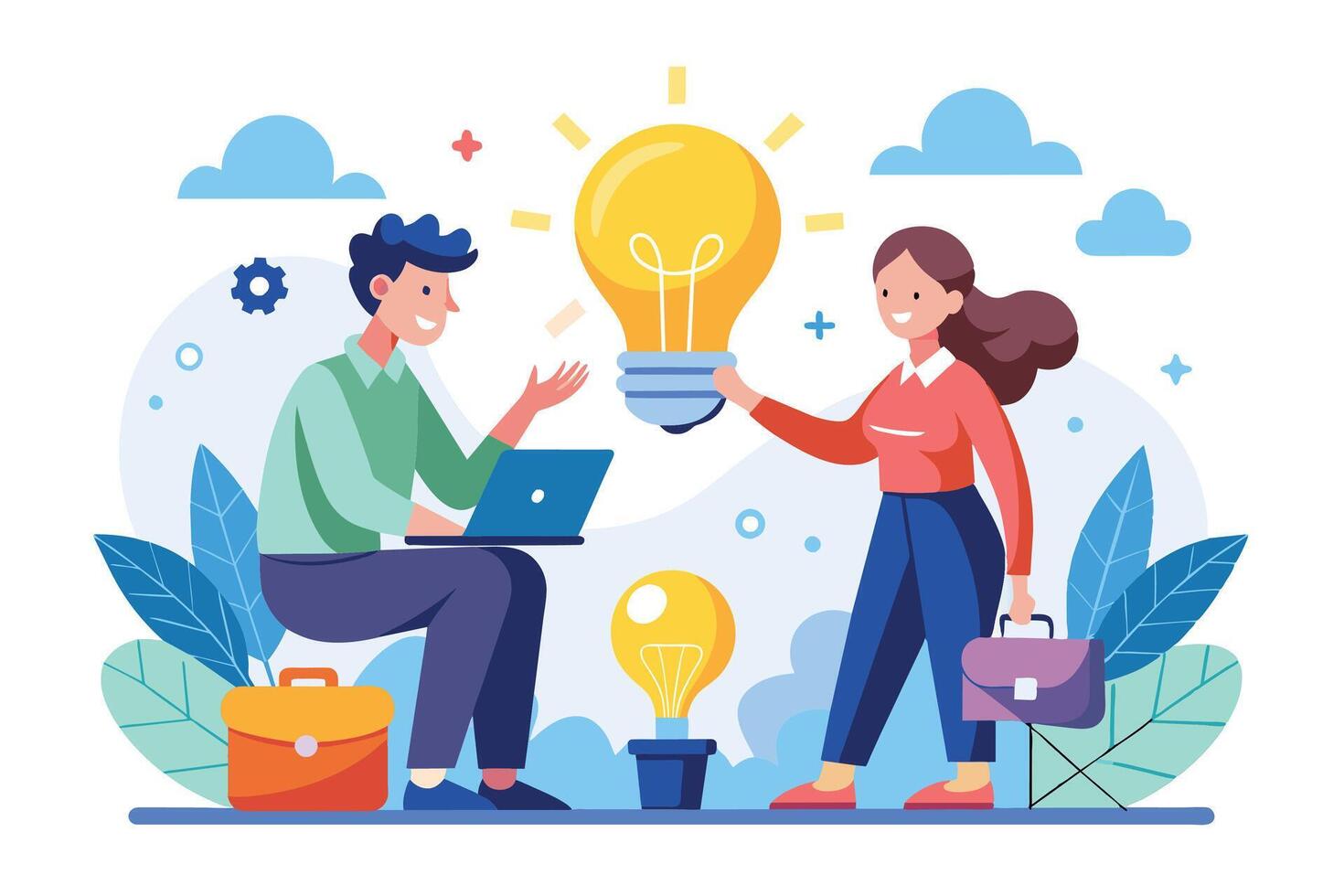 An illustration of two people discussing a new idea, represented by a lightbulb, in a creative meeting setting. vector