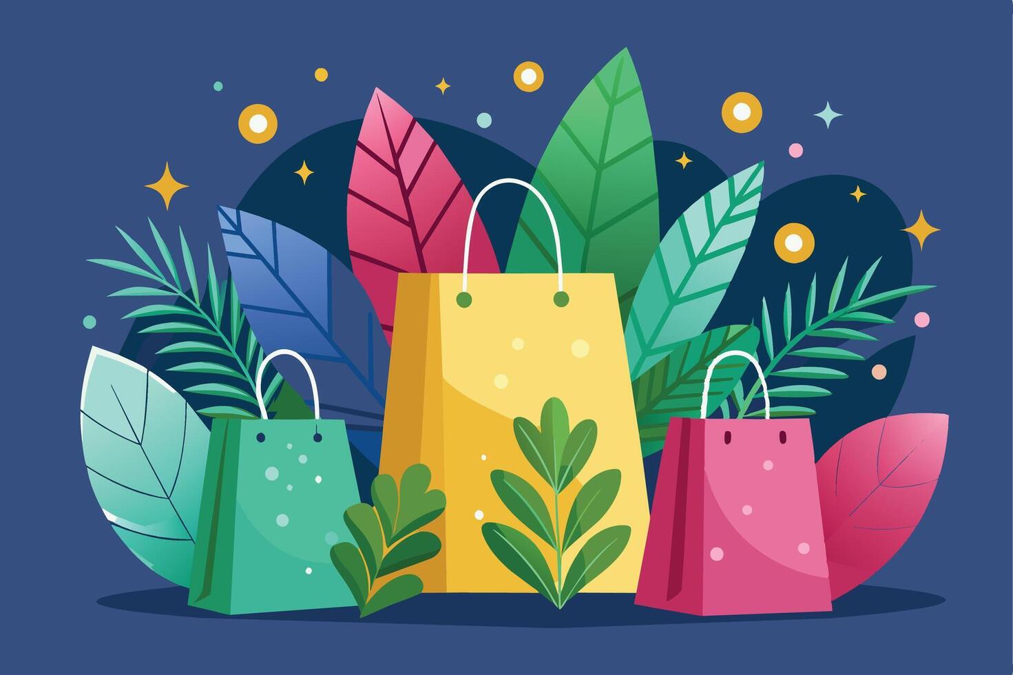 Three brightly colored shopping bags stand amidst a vibrant foliage of green, blue, and red leaves. The bags are yellow, green, and pink, creating a lively and inviting scene. vector