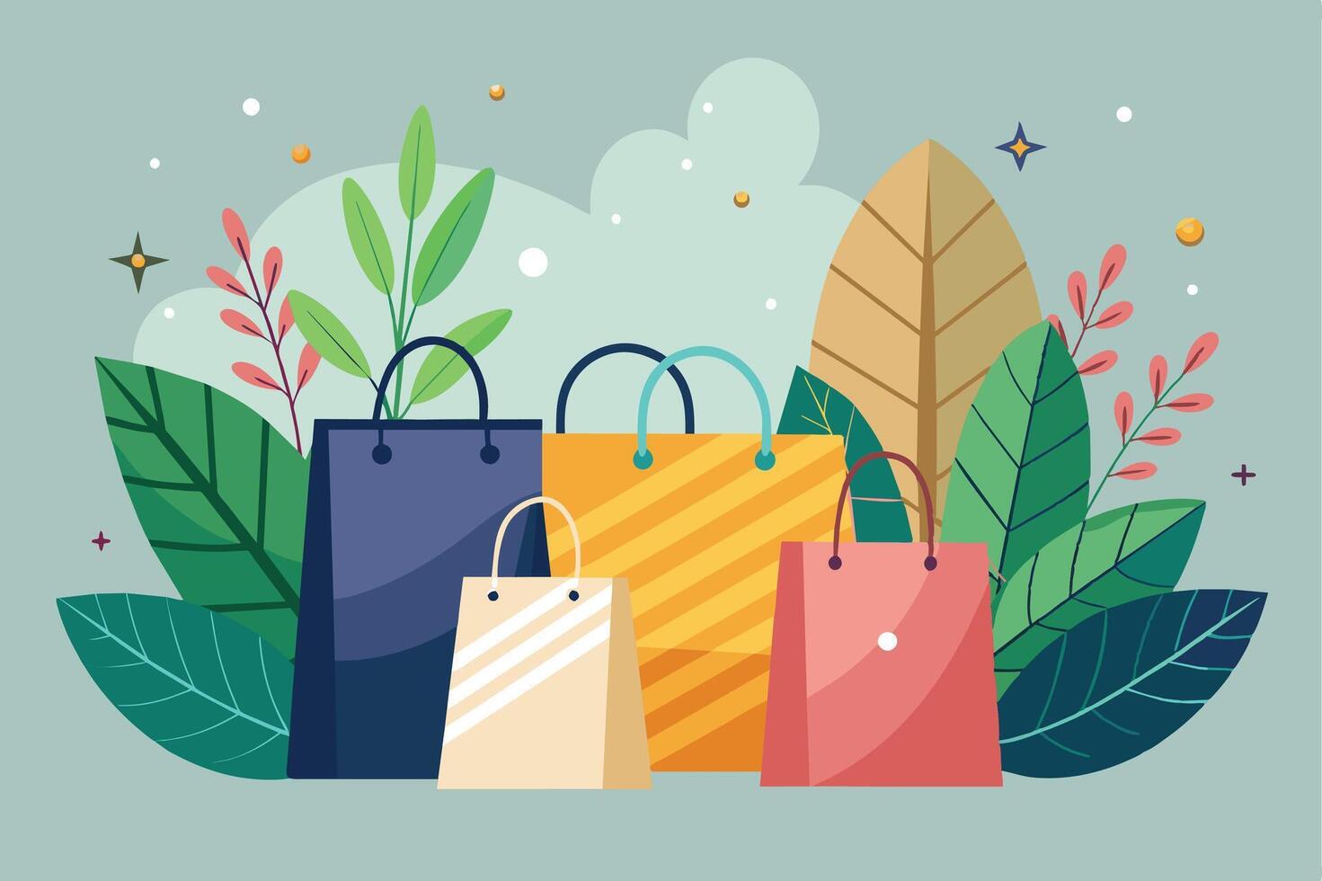 A digital illustration of four colorful shopping bags with handles against a pastel blue background, surrounded by green leaves and branches. vector