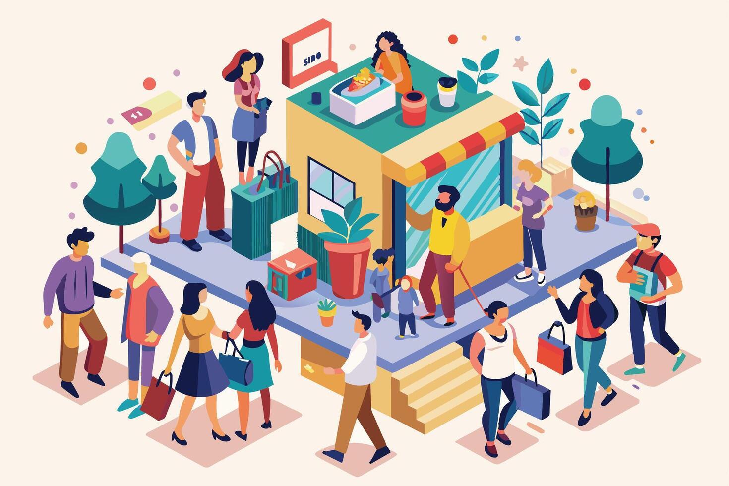 A vibrant illustration depicting a busy street scene with a colorful storefront and a diverse group of people. vector
