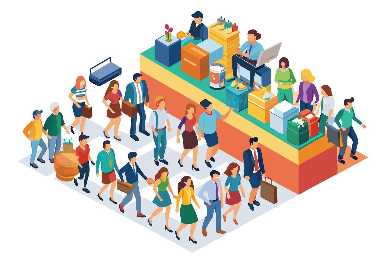 A diverse group of customers shop at a retail store. The customers are all dressed casually and are carrying bags and shopping baskets. vector