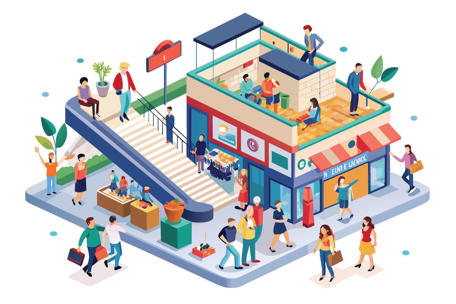 The picture shows a busy city street with shops like a grocery store, clothing boutique, and cafe, as pedestrians pass by. vector