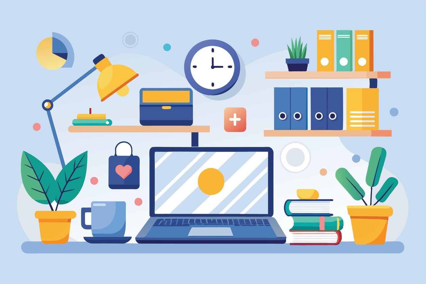 A colorful illustration of a modern home office desk with a laptop, plants, books, a clock, and a lamp. vector