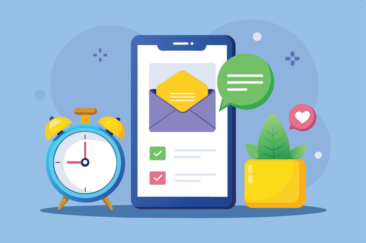 A mobile phone with an open email notification, an alarm clock, and a potted plant. vector