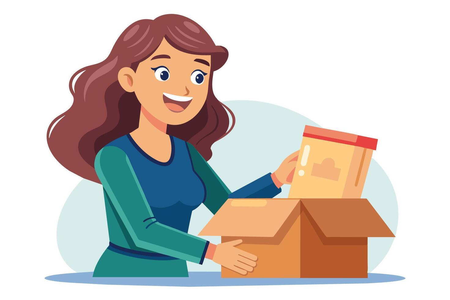 A cartoon woman with brown hair is smiling as she puts a package into a cardboard box. vector