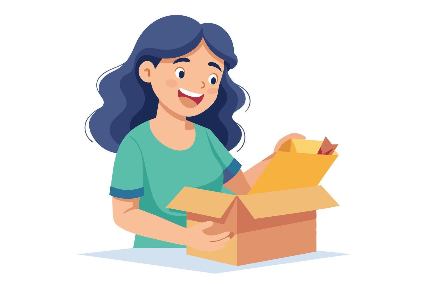 A woman with long blue hair is opening a cardboard box with a surprised expression. She is wearing a green shirt and is looking at the contents of the box. vector