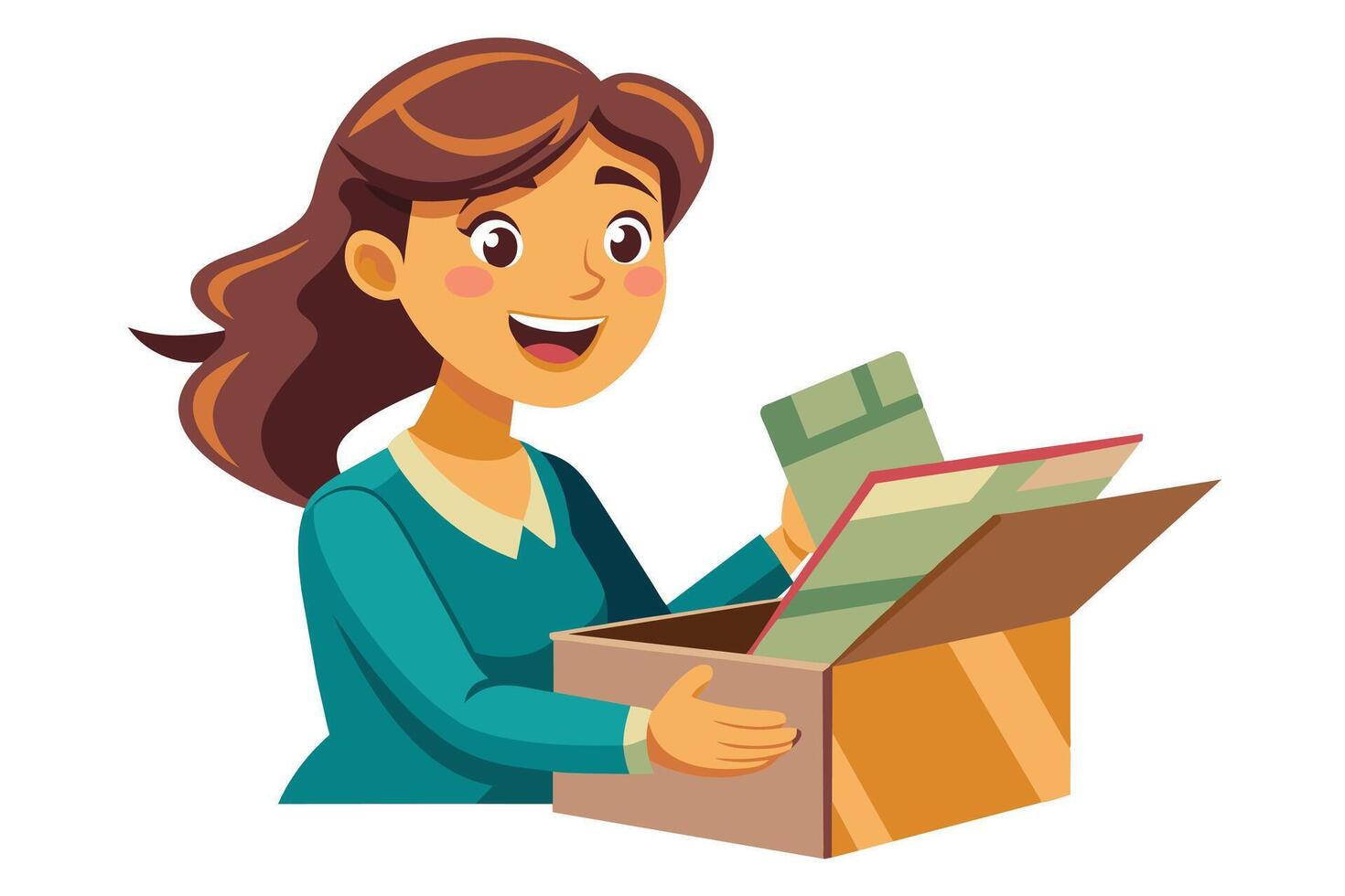 A smiling woman with long brown hair is packing a box with books and papers. She is dressed in a teal shirt and is reaching into the box with her right hand. vector