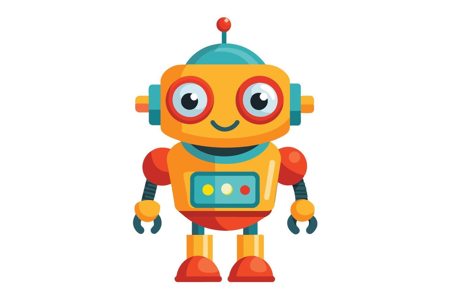 A cartoon illustration of a friendly yellow robot with red accents, big eyes, and a smile. The robot is standing on a white background. vector