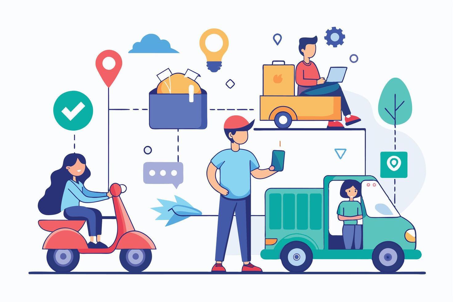 An illustration depicting a modern delivery service. People are using various modes of transport like scooters, trucks, and cars to deliver packages quickly and efficiently. vector