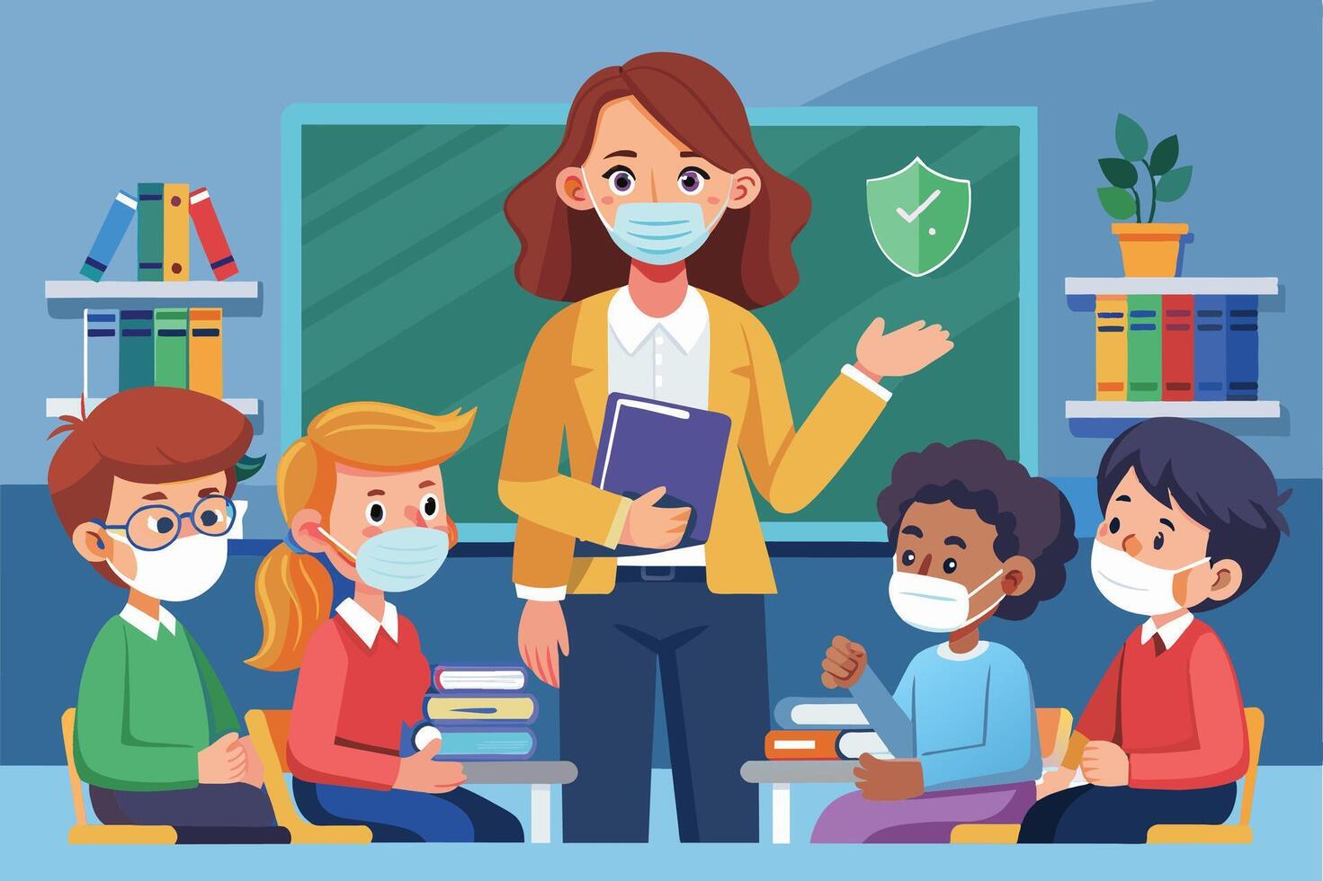 A teacher wearing a mask leads a classroom lesson with students also wearing face masks. The classroom has a green chalkboard, bookcases, and a plant. vector