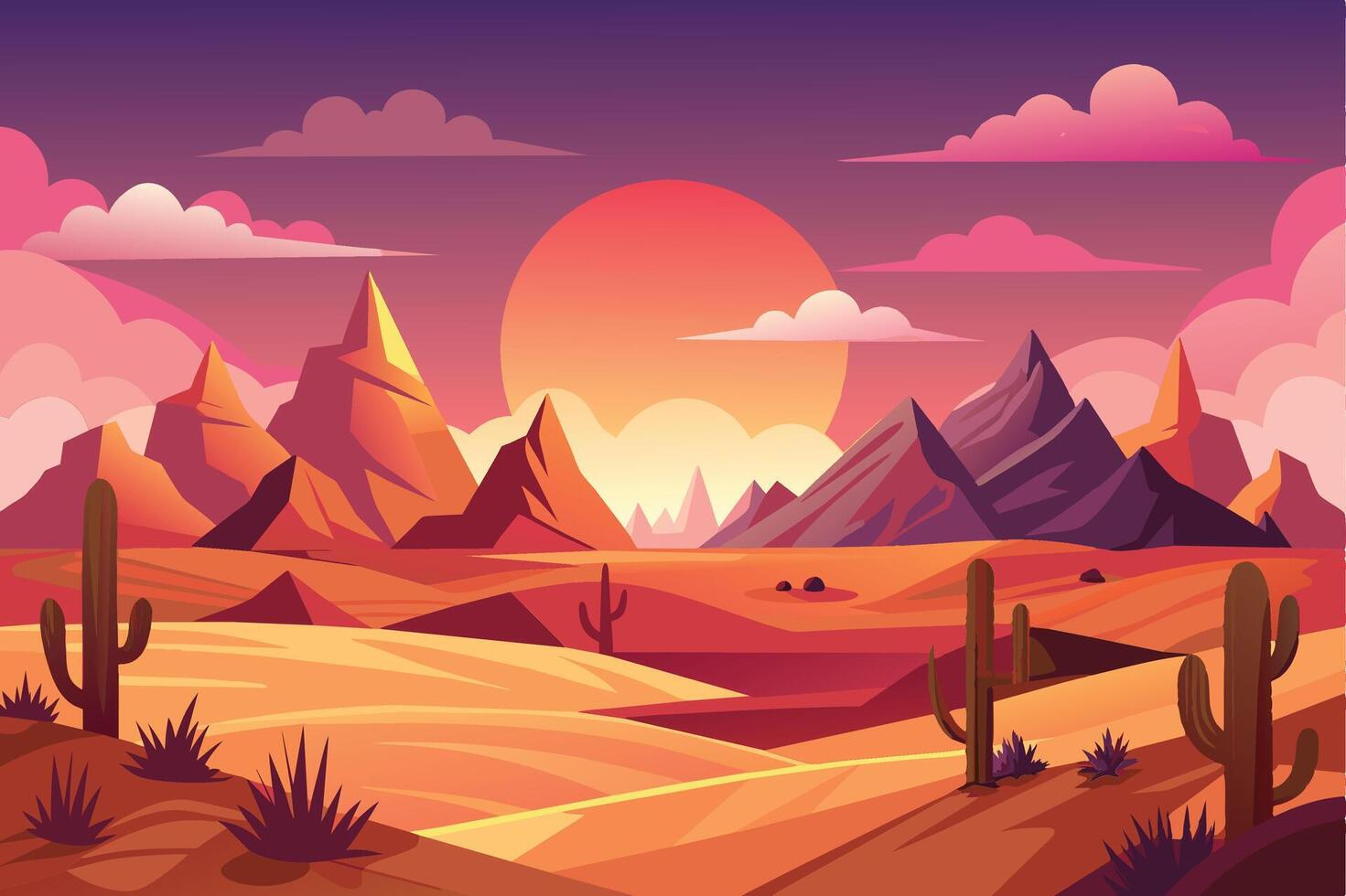 A colorful illustration depicting a desert landscape at sunset, with mountains in the background and cacti in the foreground. vector