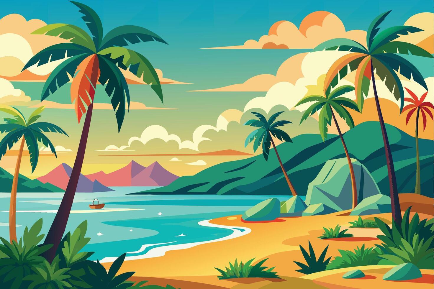 A colorful illustration of a tropical beach scene featuring palm trees, a boat on the water, and mountains in the distance. The sun is setting, creating a warm glow in the sky. vector