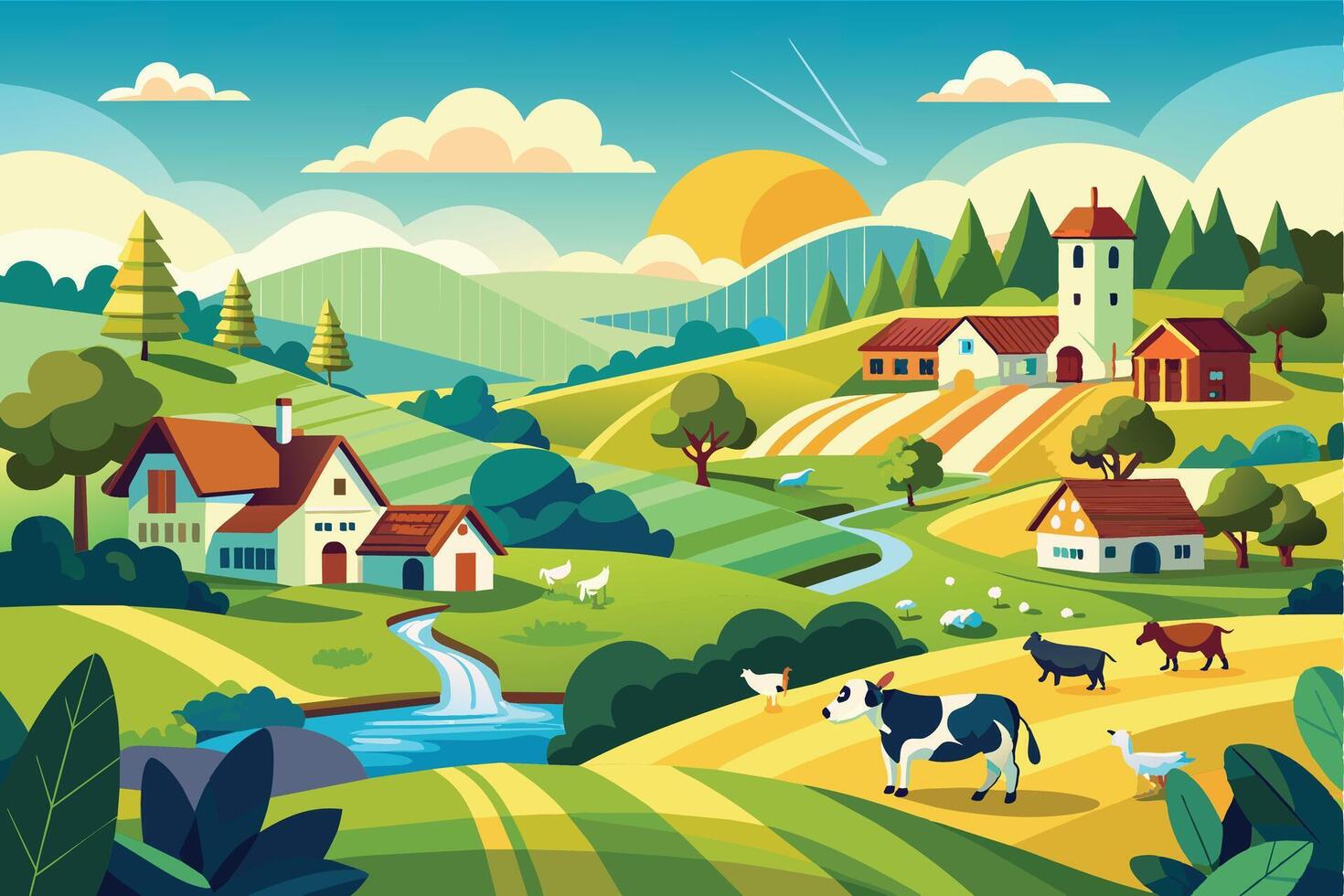 A colorful cartoon illustration depicts a rural scene with rolling green hills, farmhouses, a winding river, and livestock including cows, sheep, and chickens. vector