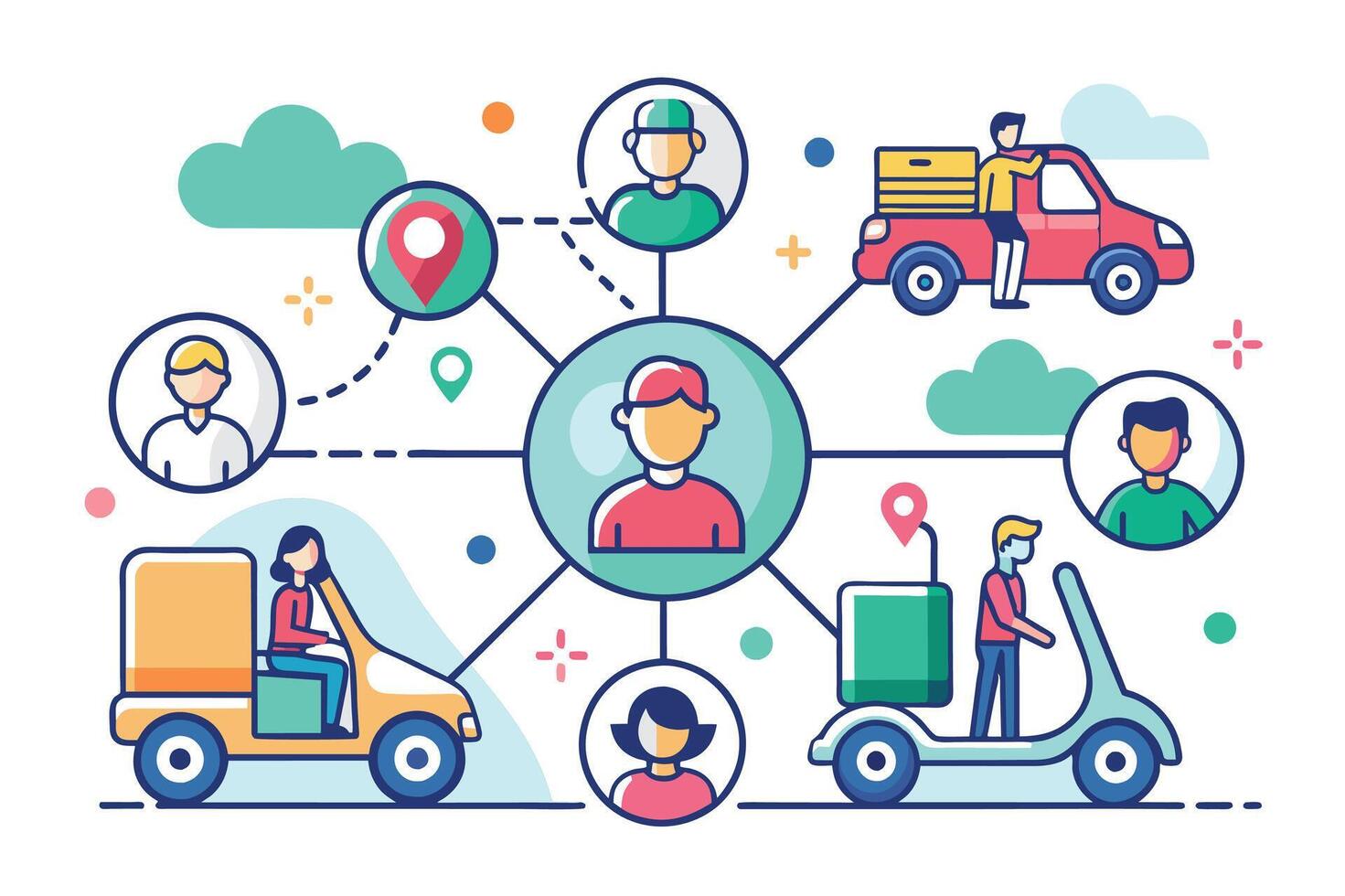 Image illustrating connectivity of delivery drivers and customers for online orders. Lines connect drivers and customers, each with circular avatar. vector