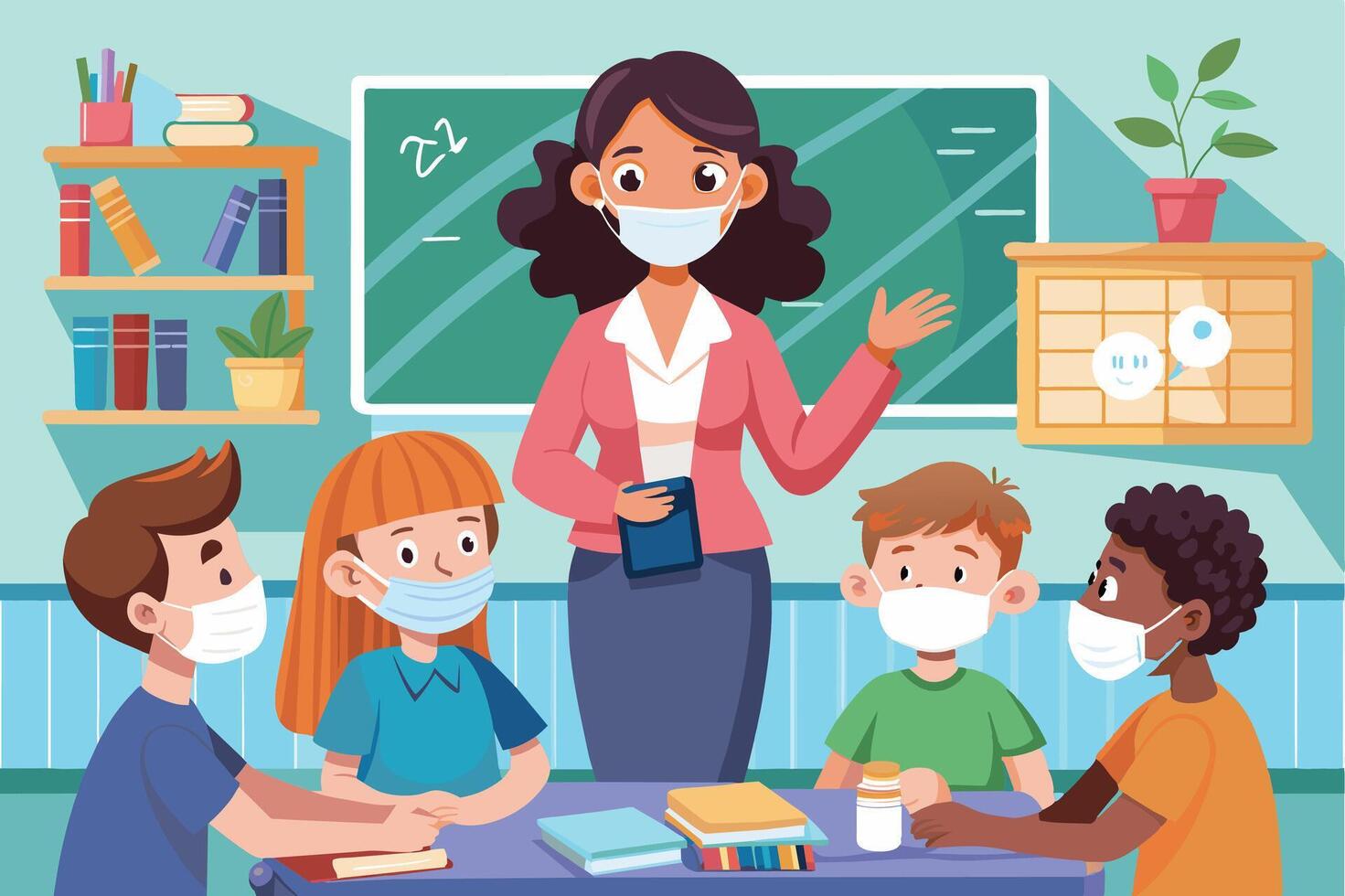 A female teacher wearing a mask, stands and instructs four students wearing masks, who are seated at their desks in a classroom. vector