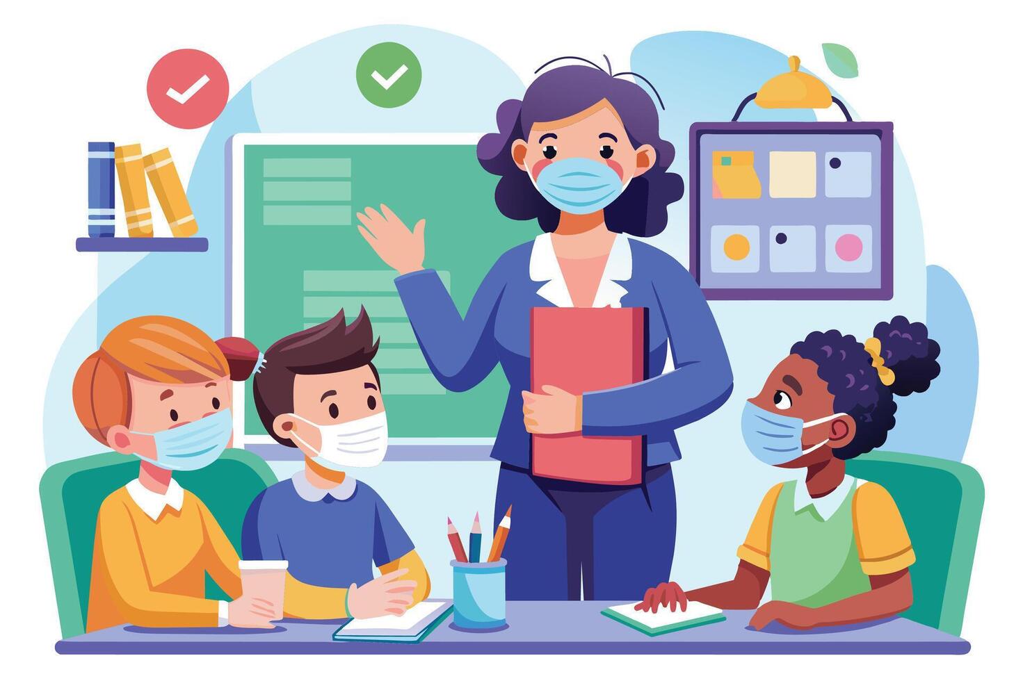 A teacher wearing a face mask stands in front of three students wearing face masks in a classroom. They are listening intently to the teacher who is pointing at the whiteboard behind them. vector