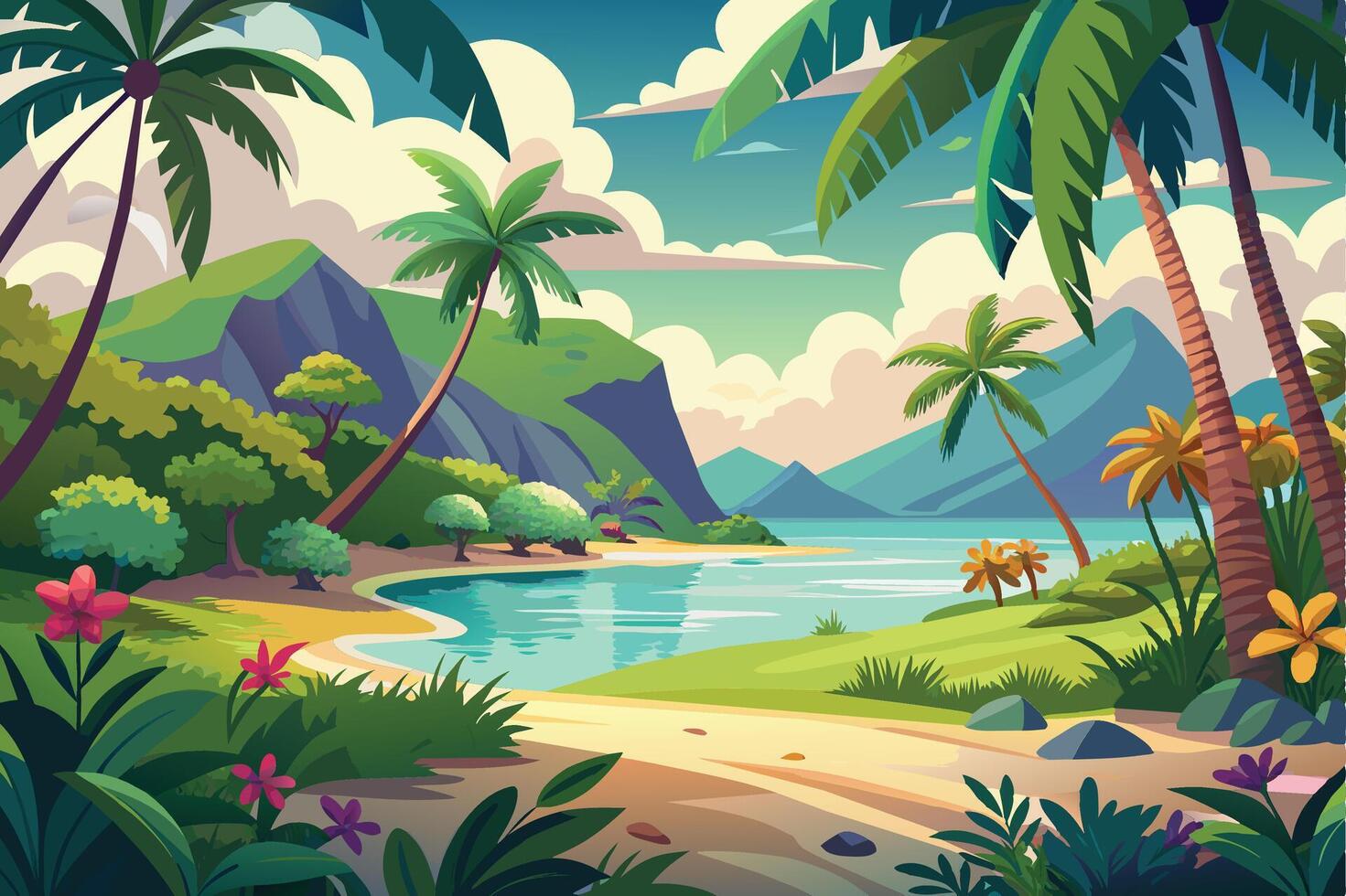 An illustration of a tropical beach landscape with palm trees, green mountains, and a sandy path leading to the water. vector