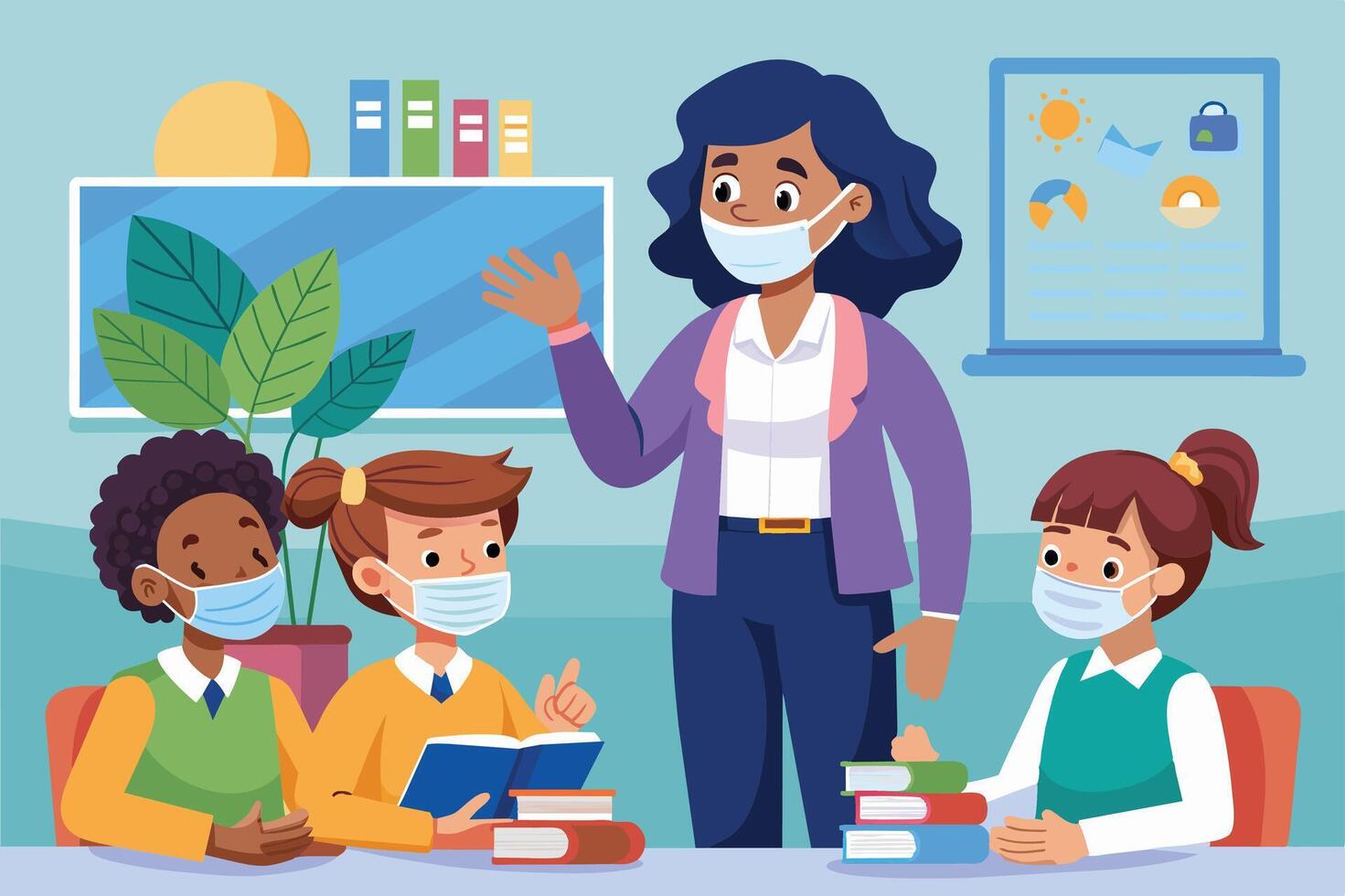 An illustration depicting a teacher leading a classroom discussion with students all wearing face masks. The teacher stands at the front of the room, while the students sit at their desks. vector