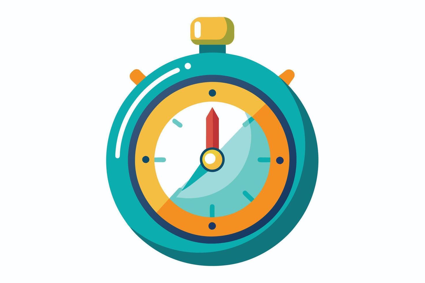 A cartoon illustration of a green and yellow stopwatch with a red hand pointing to the time. vector