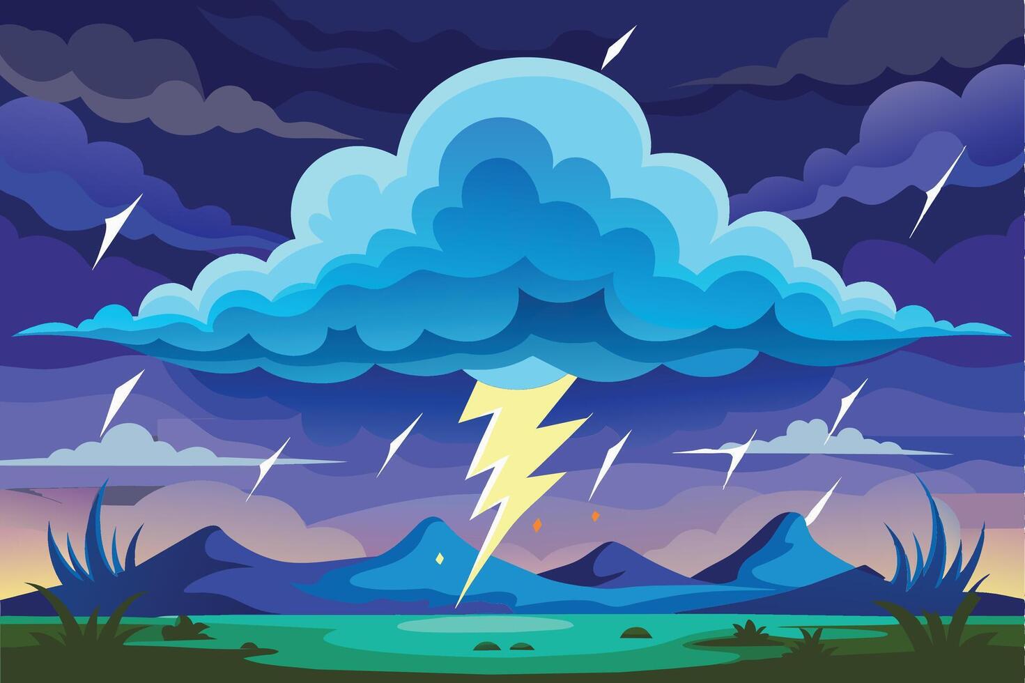 A digital illustration of a dramatic thunderstorm over a mountainous landscape at sunset. A large, blue cloud dominates the sky, with lightning striking the ground below. vector