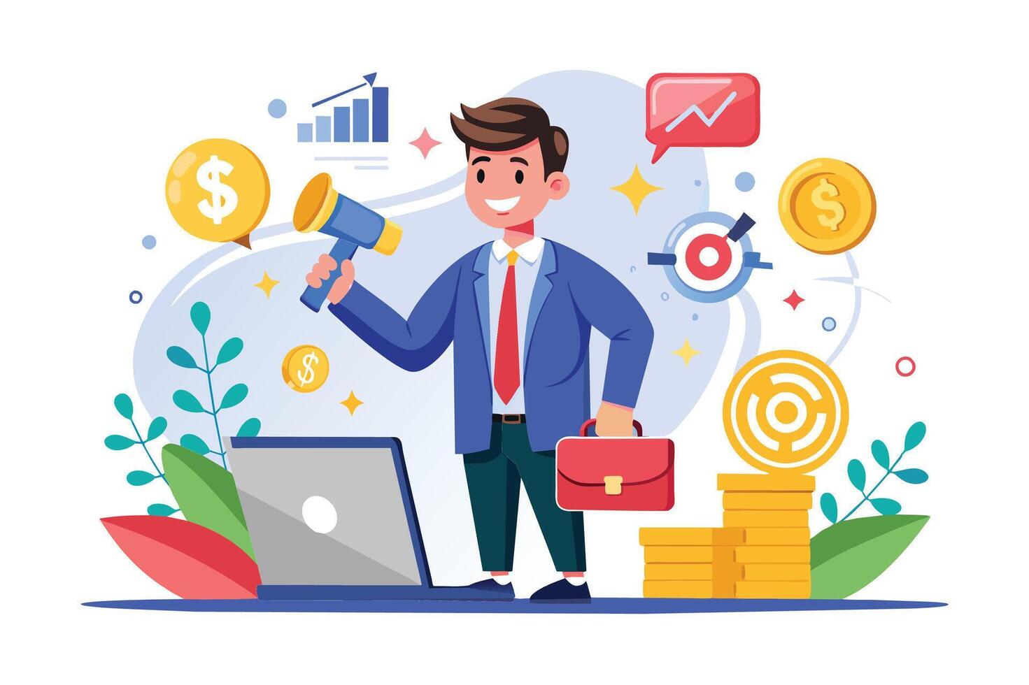 An illustration of a businessman holding a megaphone, surrounded by symbols of financial success and marketing strategies. He represents the successful implementation of a marketing plan. vector