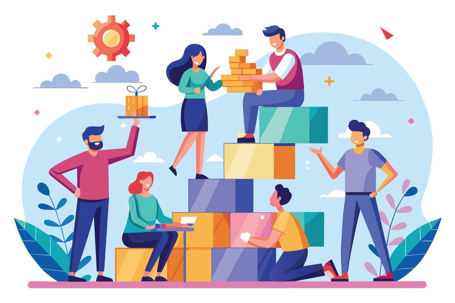 A diverse team of five individuals works together on a colorful building project, with blocks and gifts, under a sunny sky. vector