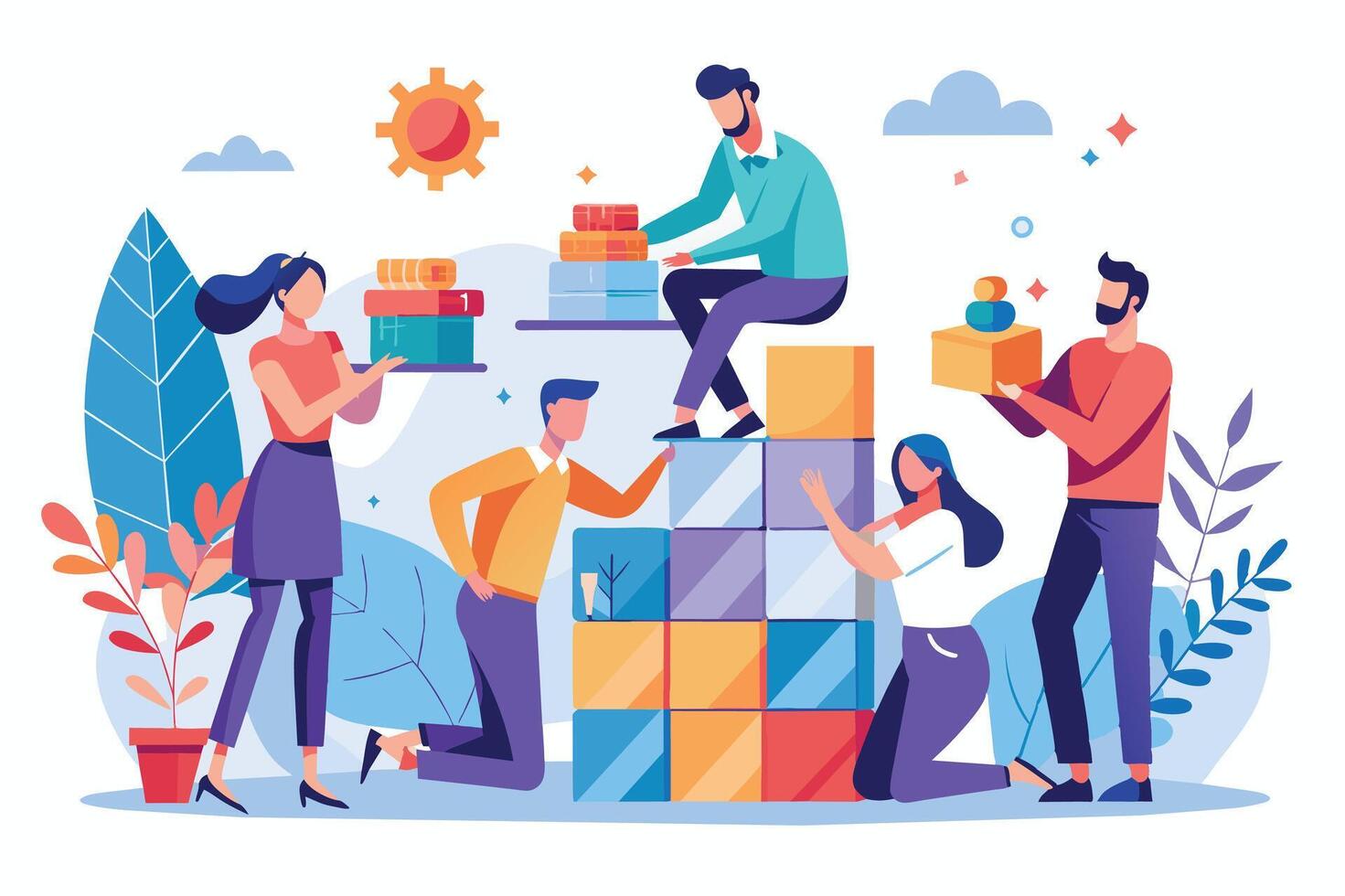 A group of people collaborate to build a large structure with colorful blocks. The team works together to achieve a common goal. vector