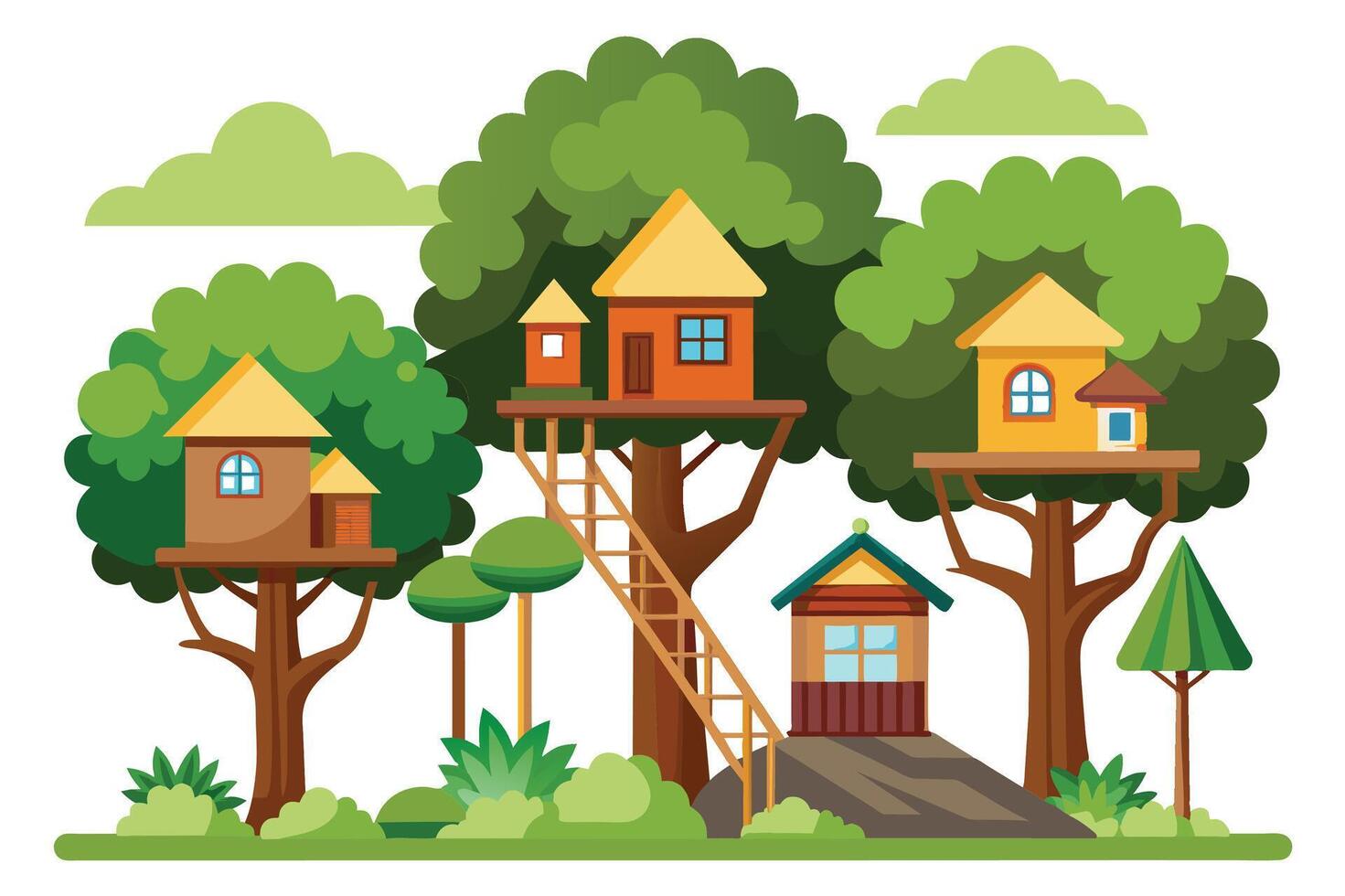 A whimsical illustration of multiple tree houses nestled in the branches of tall trees with green foliage and clouds in the background. vector