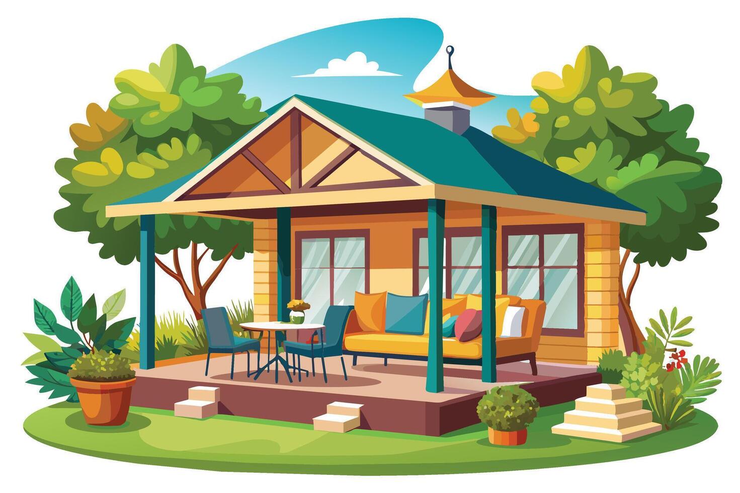 Cartoon of a small yellow house with a green roof and patio, surrounded by greenery. Table and chairs set up on the patio, blue sky and shining sun. vector