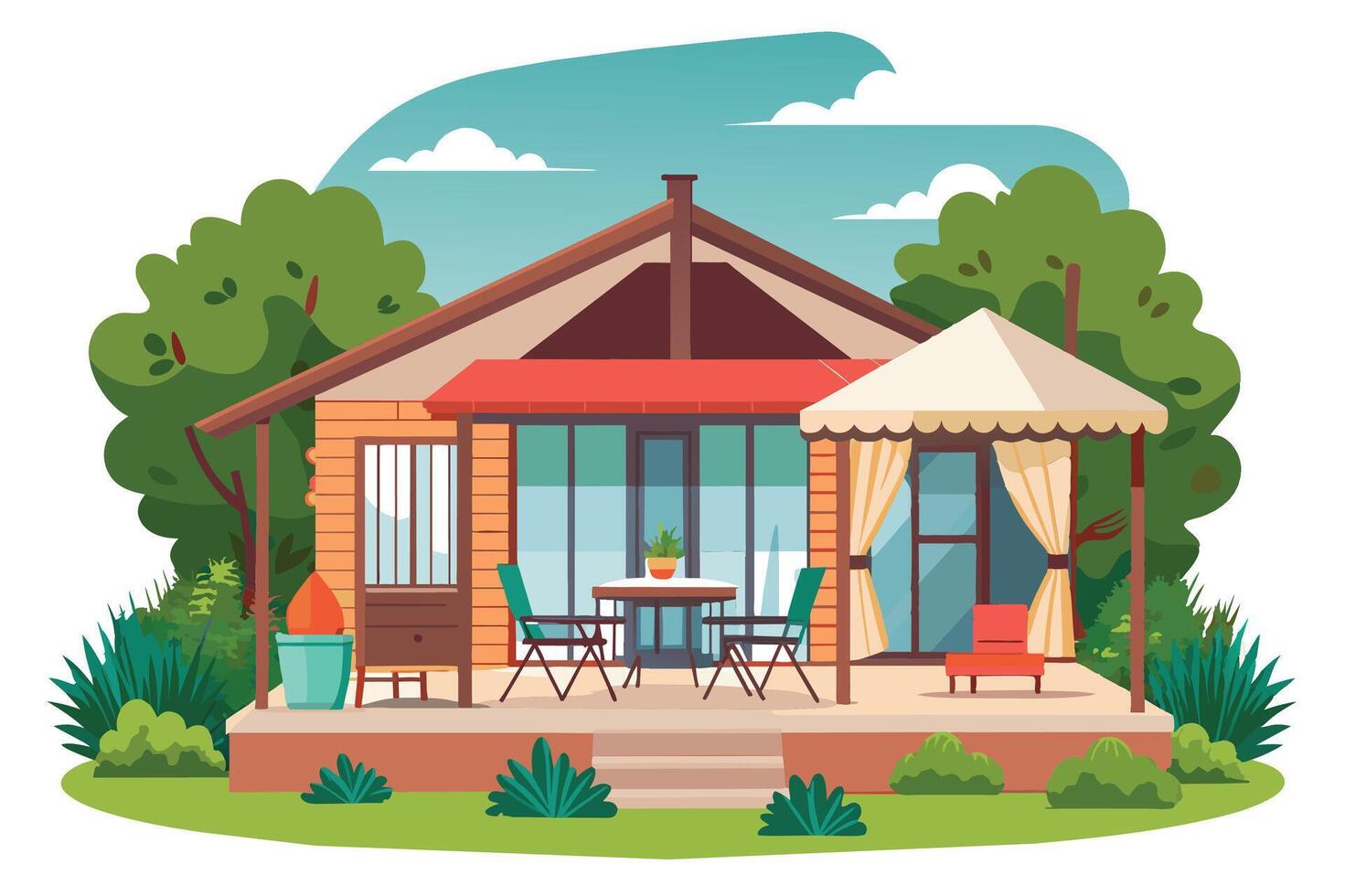 A modern house with a covered patio and outdoor furniture sits in a lush green garden under a bright blue sky with fluffy white clouds. vector