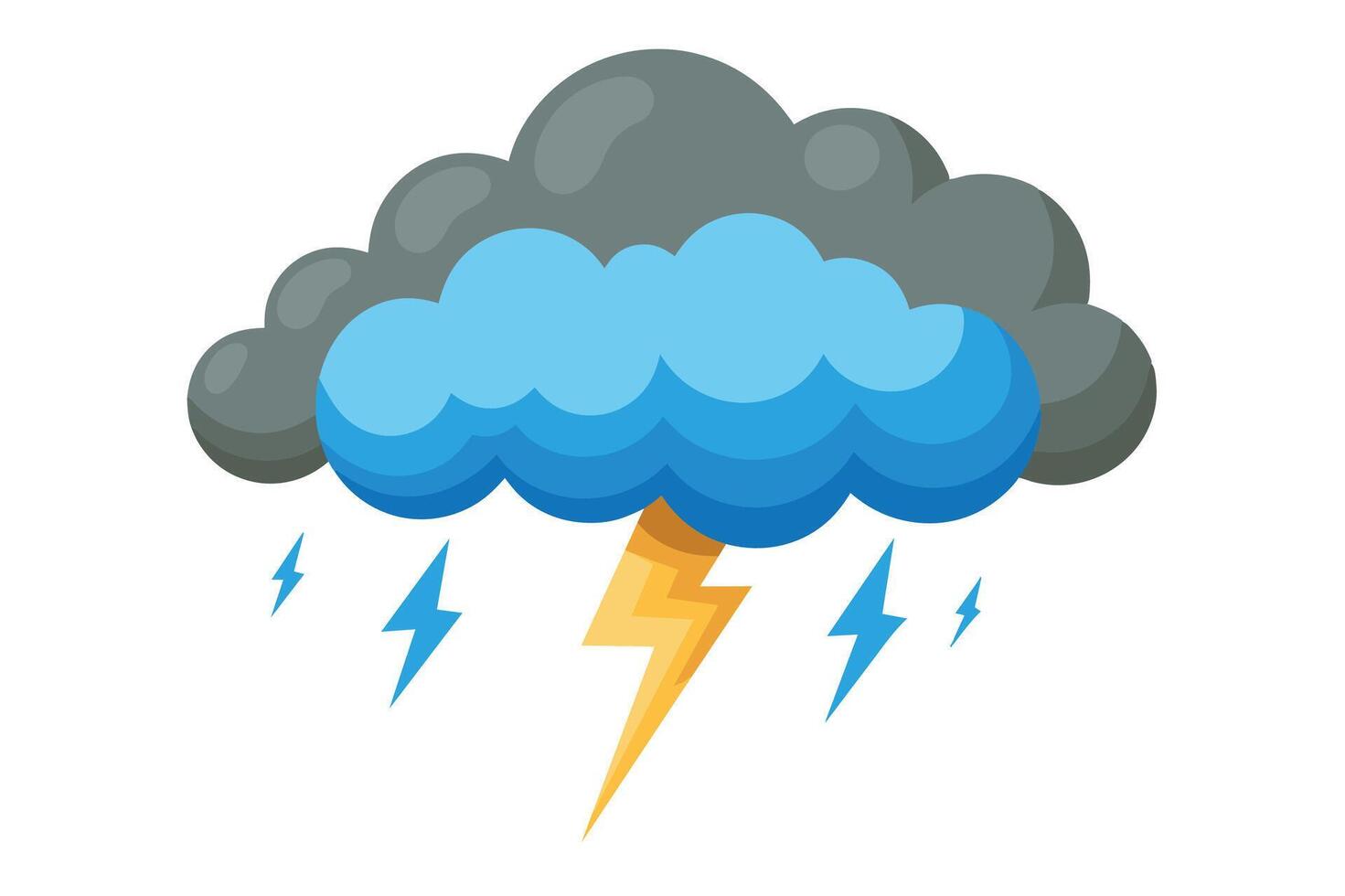 A cartoon illustration of a dark grey cloud with a blue center, emitting lightning bolts. vector