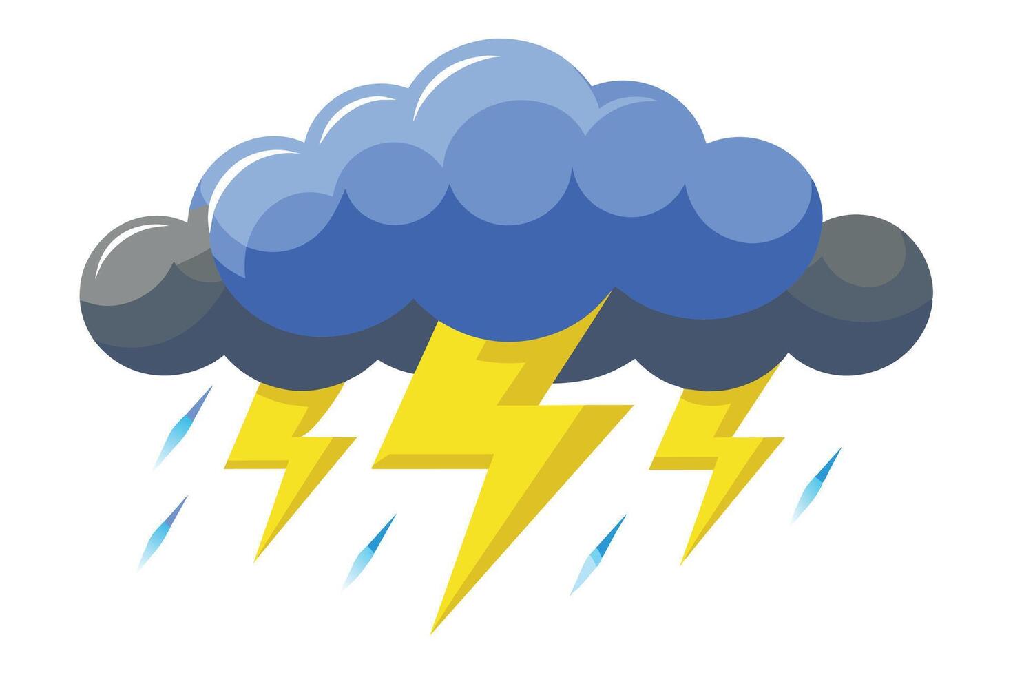 A cartoon illustration of a dark gray and blue cloud with several yellow lightning bolts and blue raindrops falling. vector