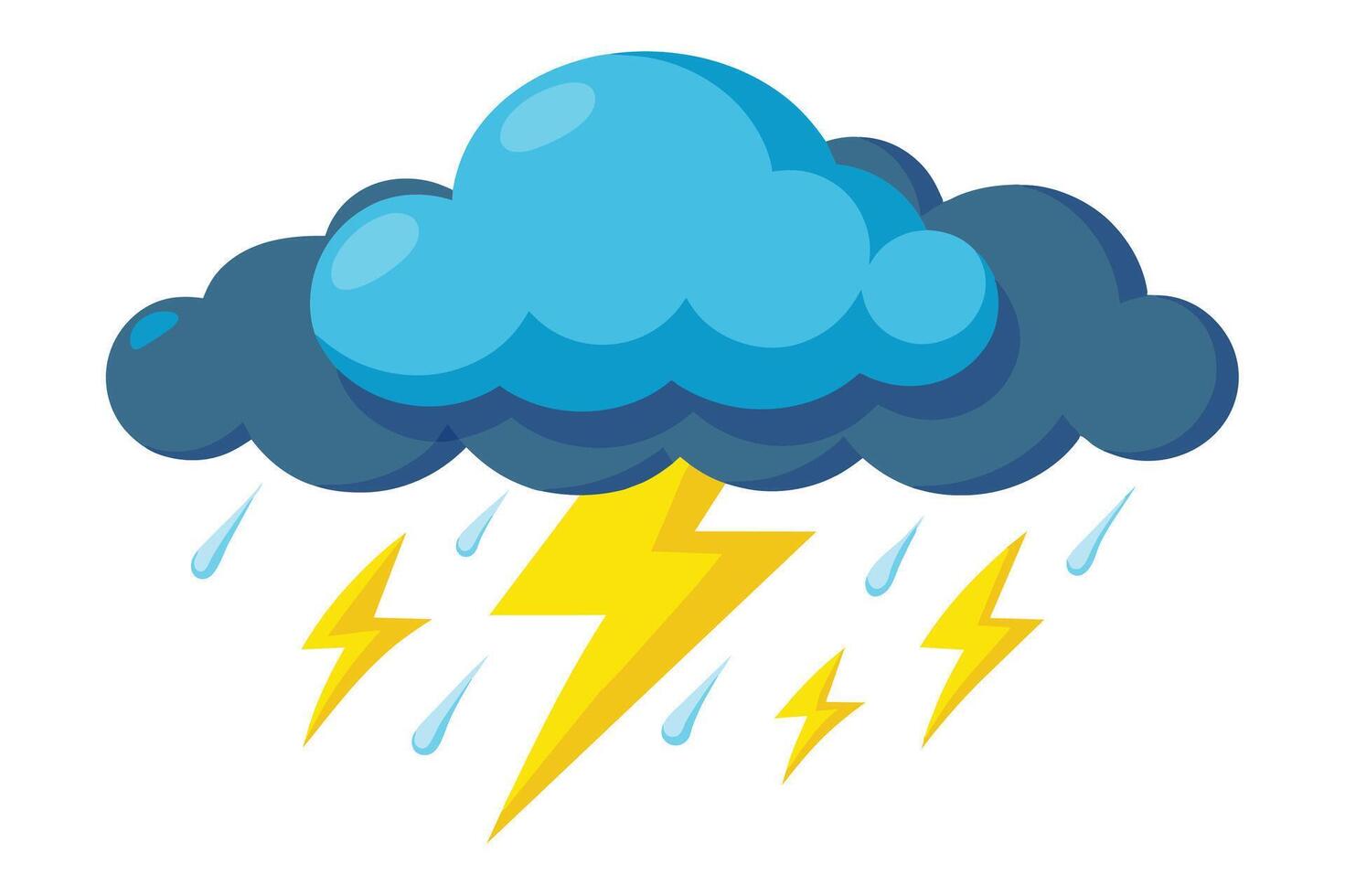 A cartoon illustration depicting a storm cloud with lightning bolts and raindrops falling from it. The cloud is blue and gray, with yellow lightning bolts and blue raindrops. vector