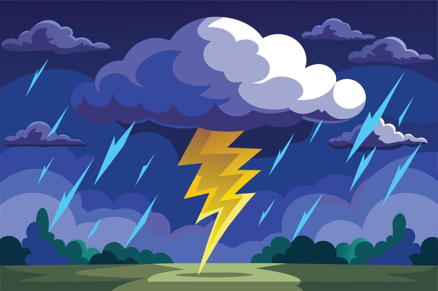A cartoon illustration depicting a single lightning bolt striking down from a large storm cloud during a nighttime thunderstorm. vector