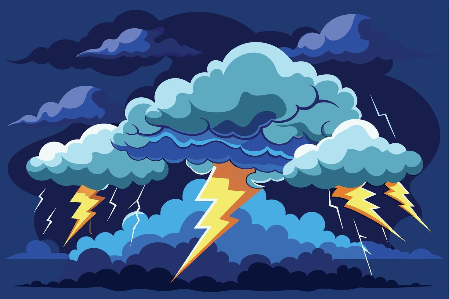 A cartoon illustration depicting a dark blue stormy sky with multiple bright yellow lightning bolts striking down from large, grey clouds. vector