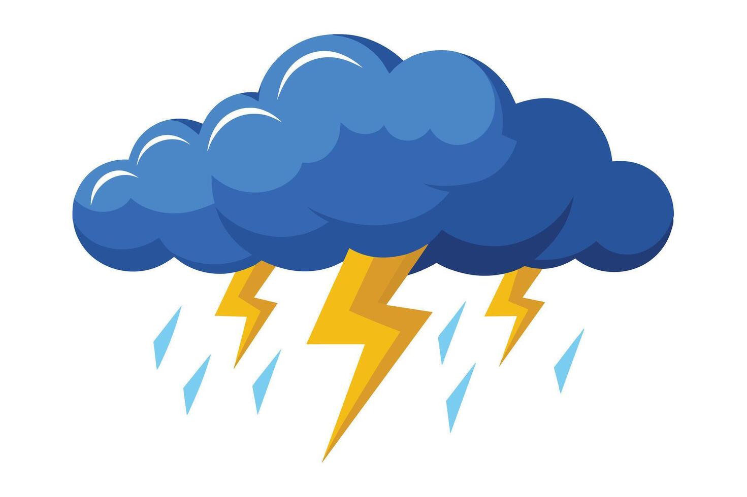 A cartoon illustration depicting a blue storm cloud with rain and lightning bolts. vector